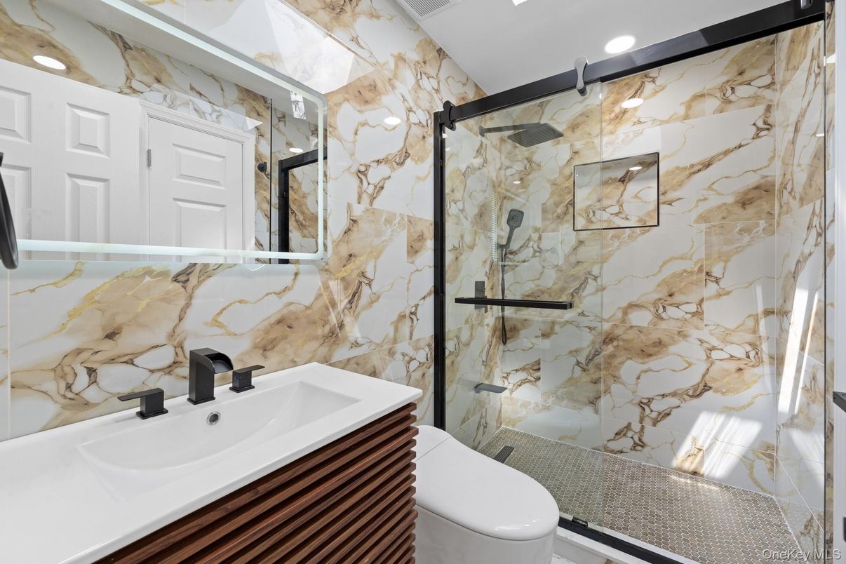 Bathroom, Glass Shower, Interior, Marble Walls, Recessed Lighting