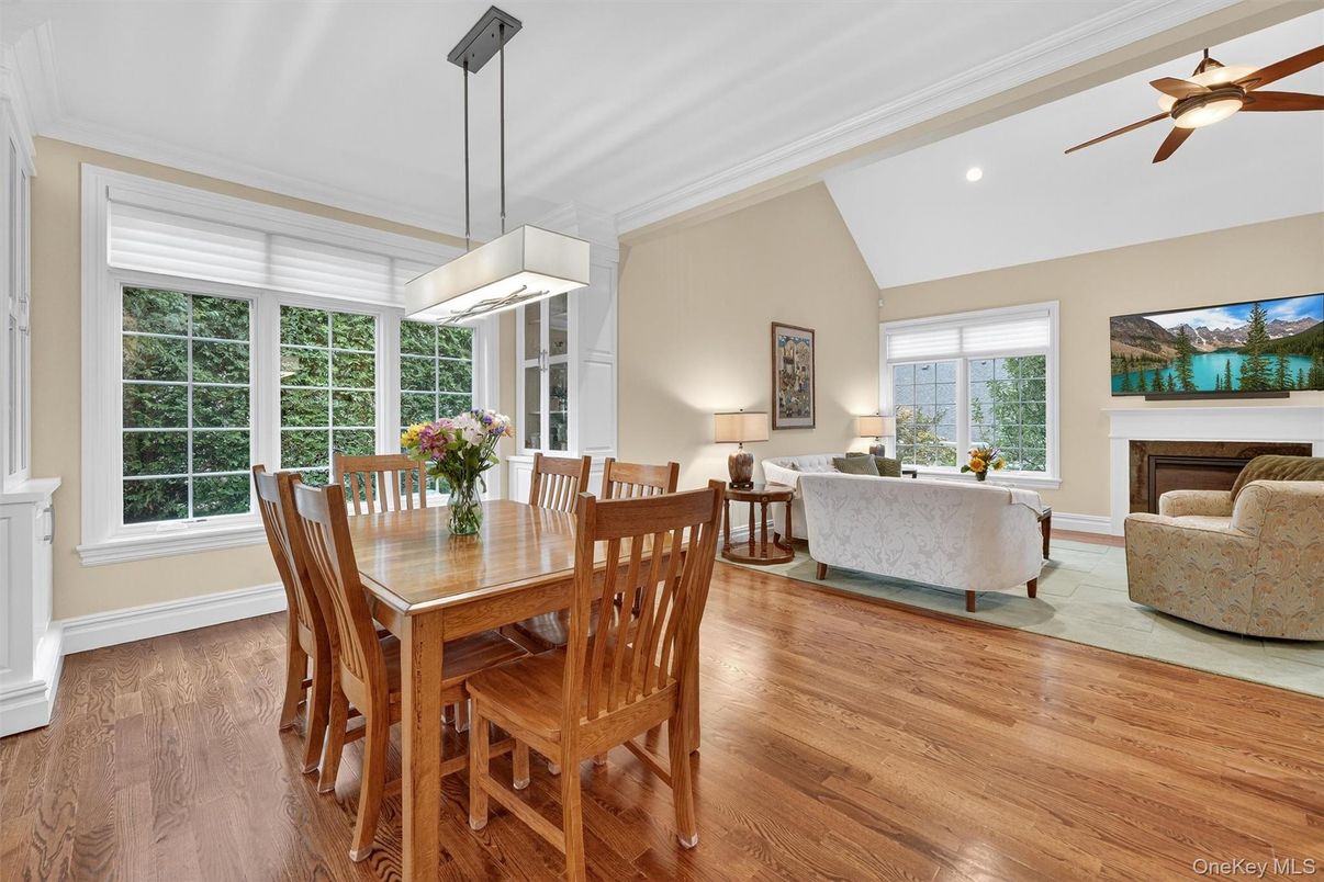 Dining room, Fireplace, Interior, Living room, Pendant Lights, Recessed Lighting, Wood Texture Flooring