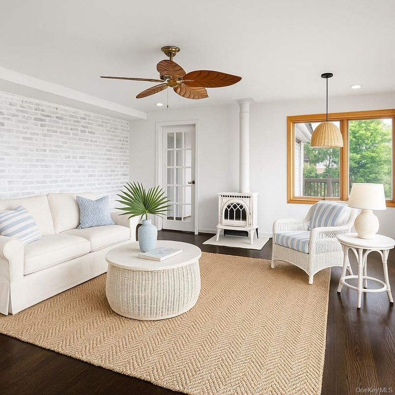 Fireplace, Interior, Living room, Pendant Lights, Recessed Lighting, Stone Walls, Wood Texture Flooring