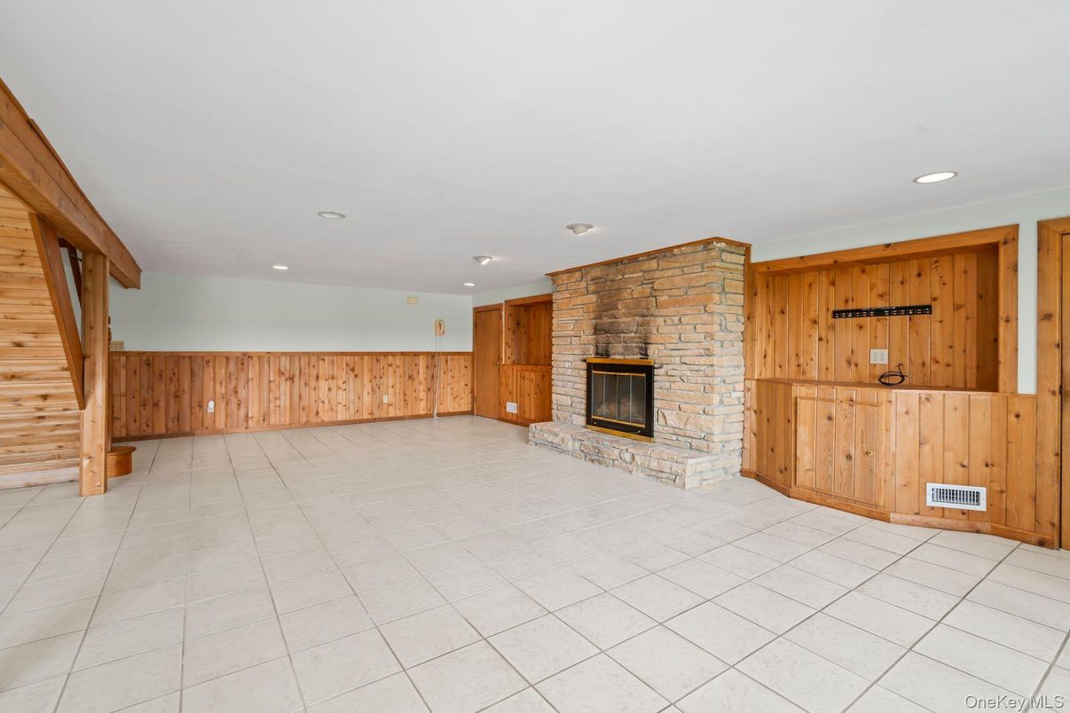 Empty room, Fireplace, Interior, Recessed Lighting, Wooden Walls