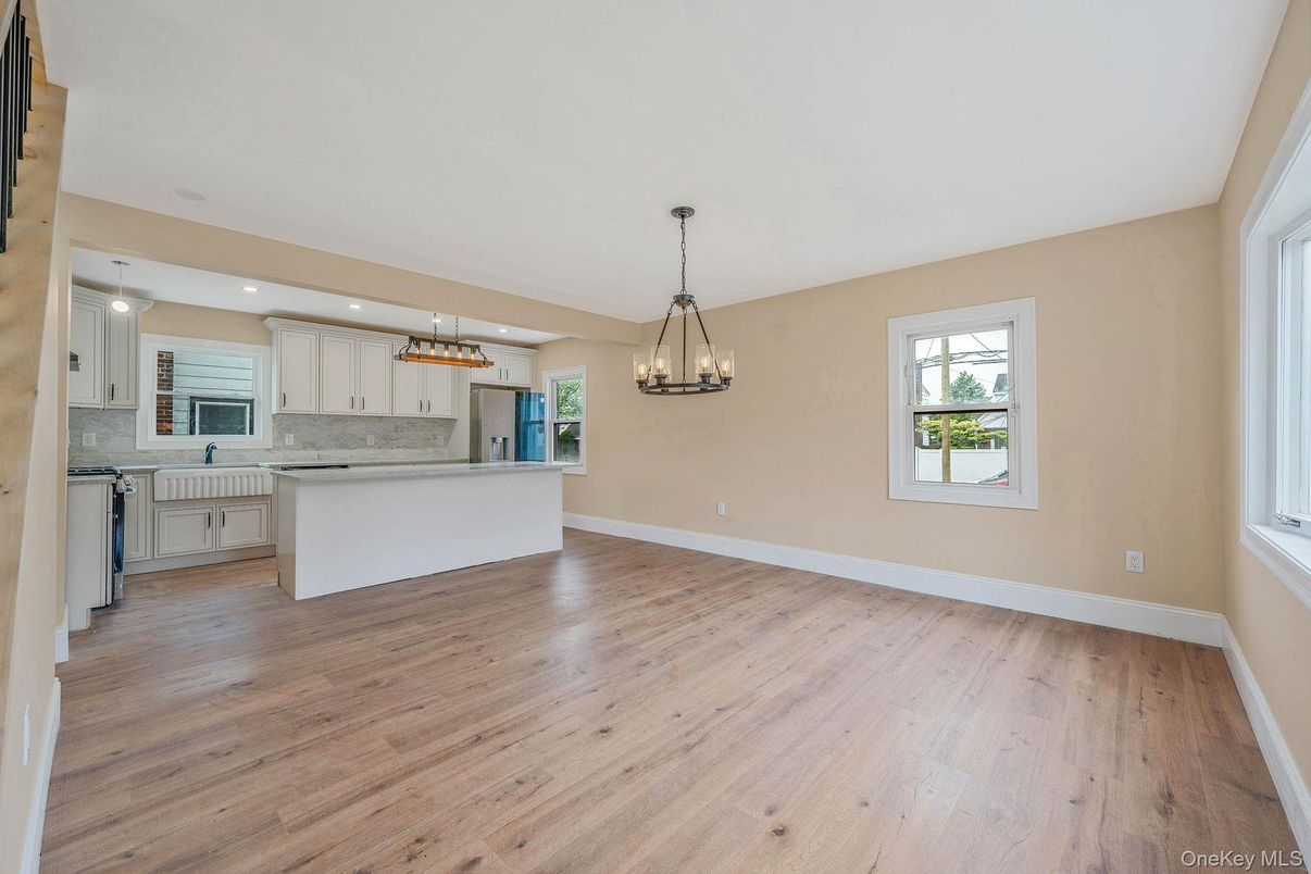 Empty room, Interior, Kitchen, Pendant Lights, Recessed Lighting, Wood Texture Flooring