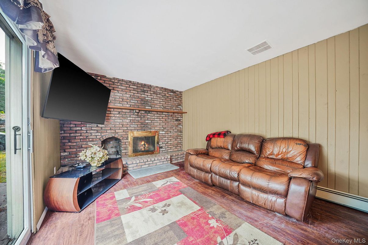 Fireplace, Interior, Living room, Stone Walls, Wood Texture Flooring