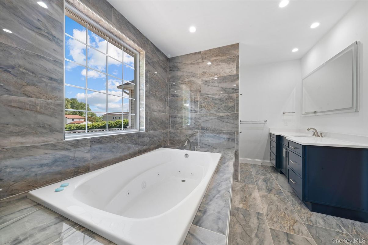 Bathroom, Free Standing Baths, Interior, Marble Walls, Recessed Lighting