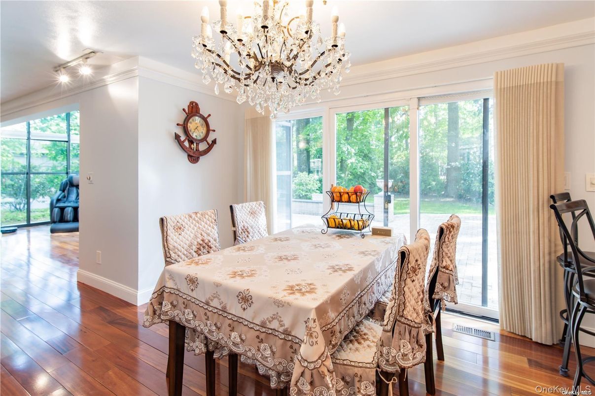 Chandelier, Dining room, Interior, Wood Texture Flooring