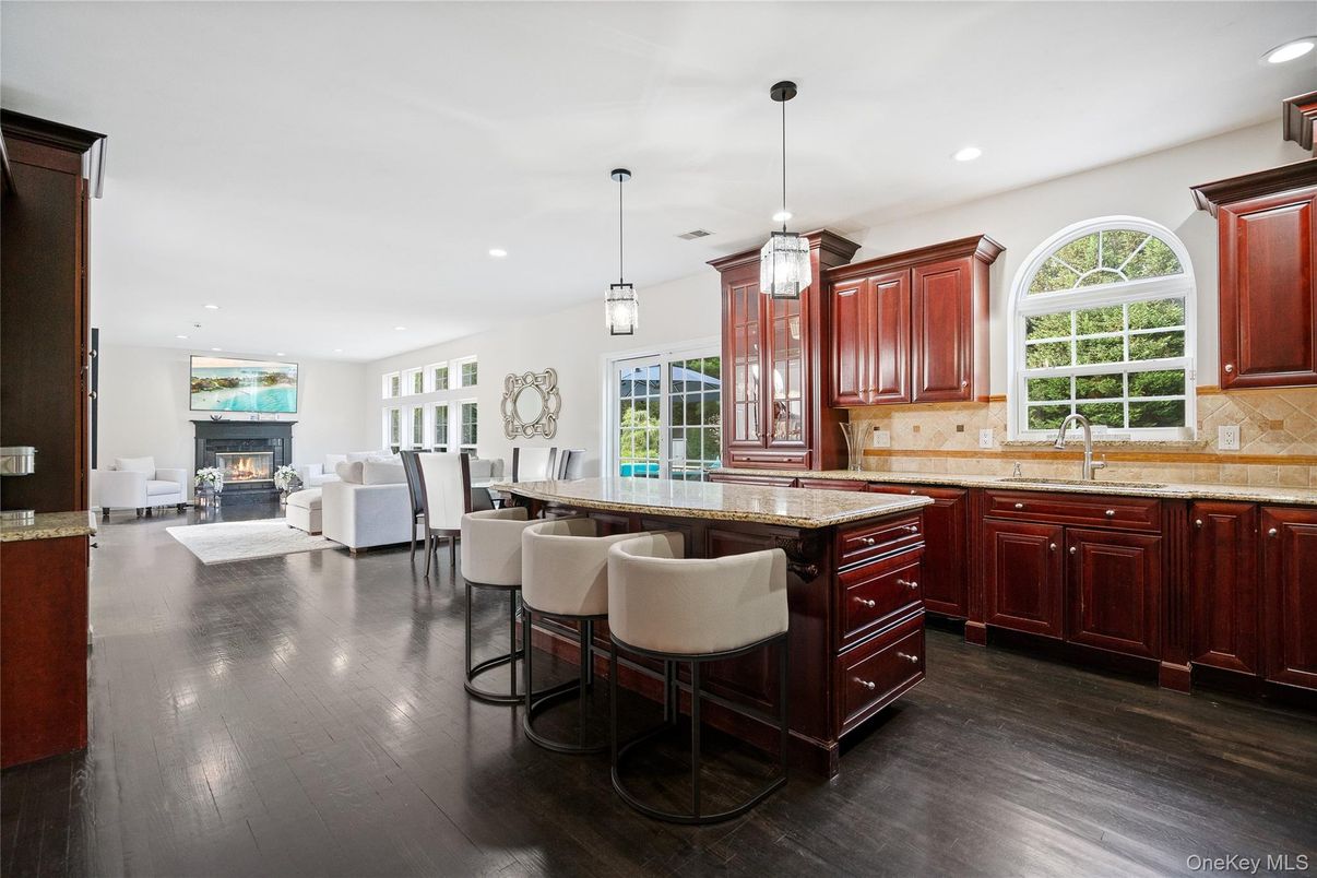 Dining room, Fireplace, Interior, Kitchen, Living room, Pendant Lights, Recessed Lighting, Wood Texture Flooring