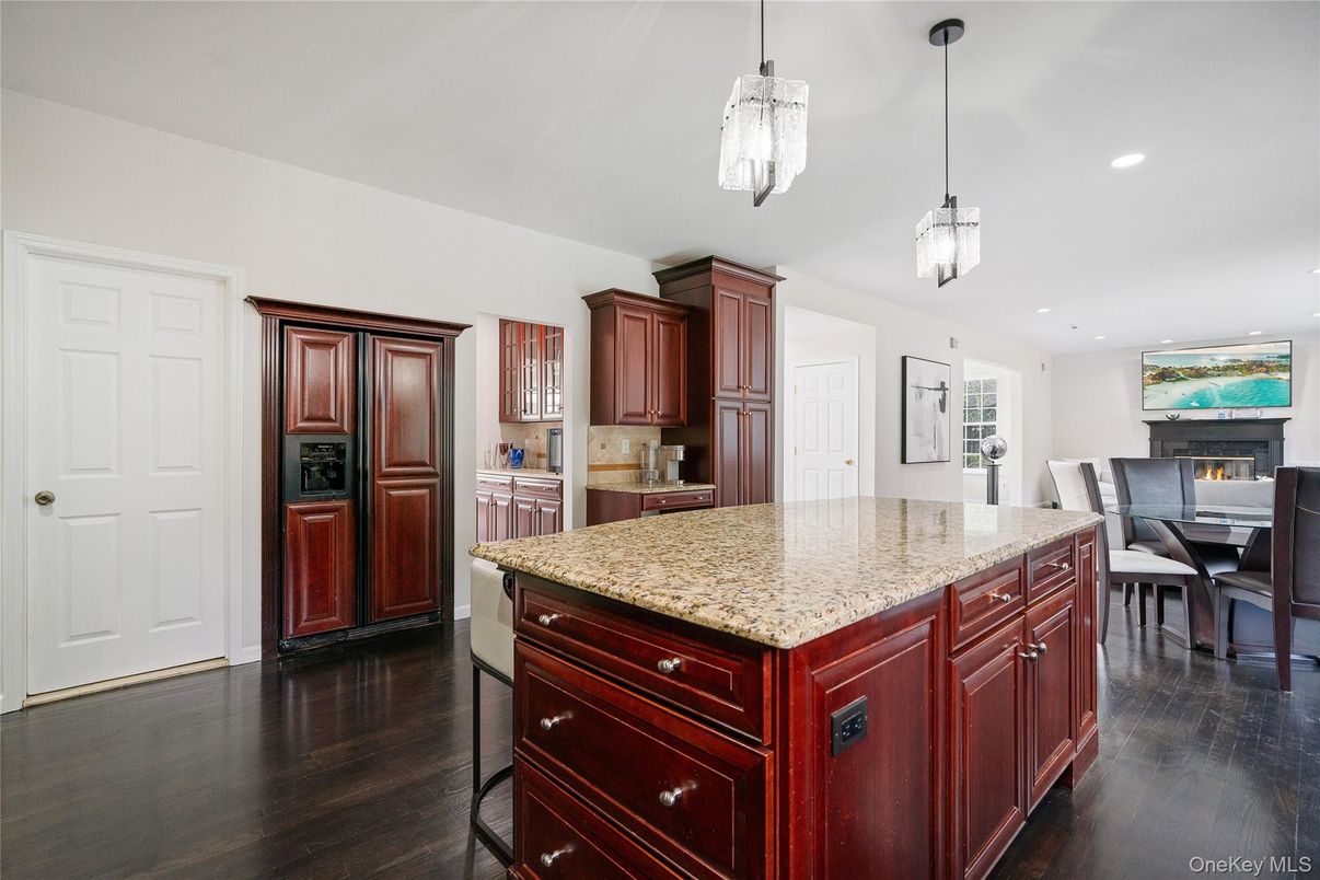 Dining room, Fireplace, Interior, Kitchen, Pendant Lights, Recessed Lighting, Wood Texture Flooring