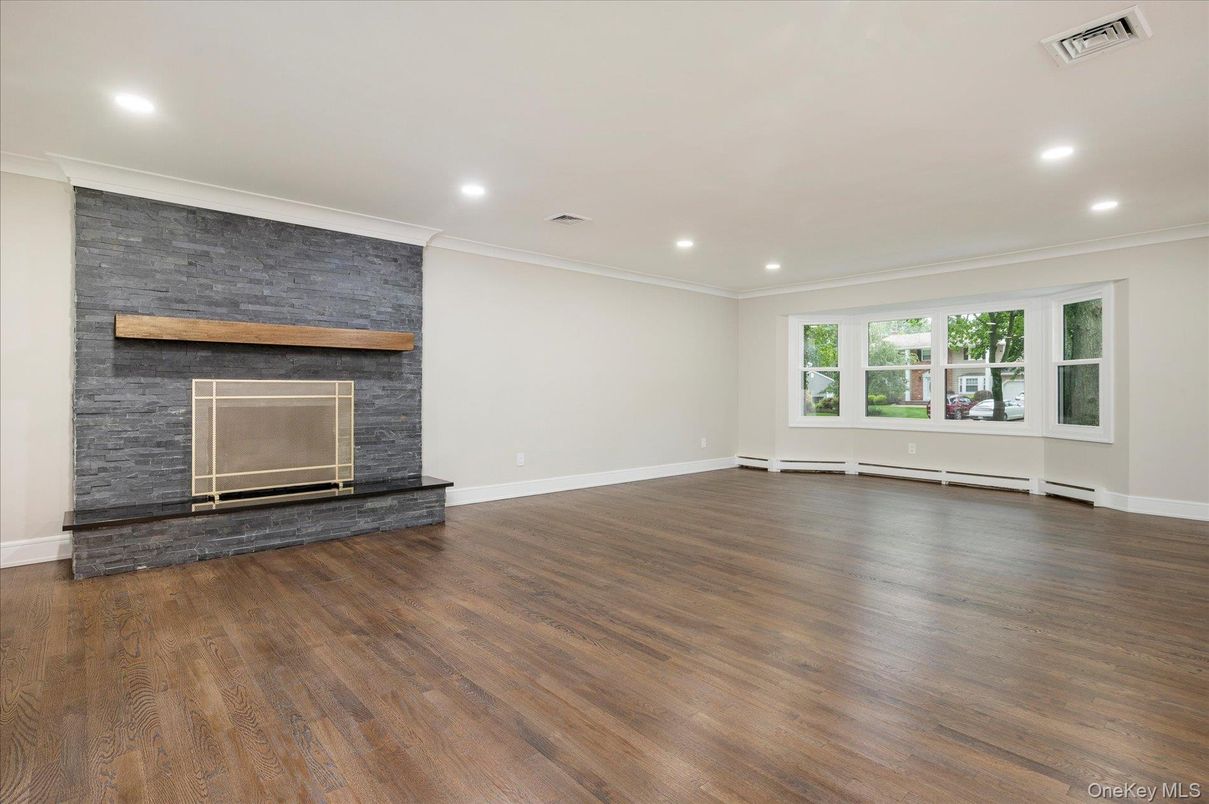 Empty room, Fireplace, Interior, Recessed Lighting, Wood Texture Flooring