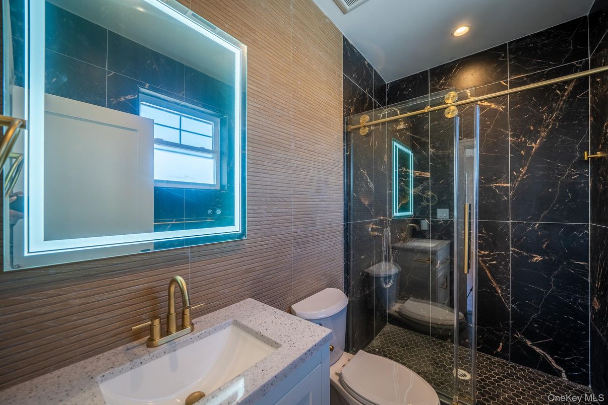 Bathroom, Glass Shower, Interior, Marble Walls, Recessed Lighting