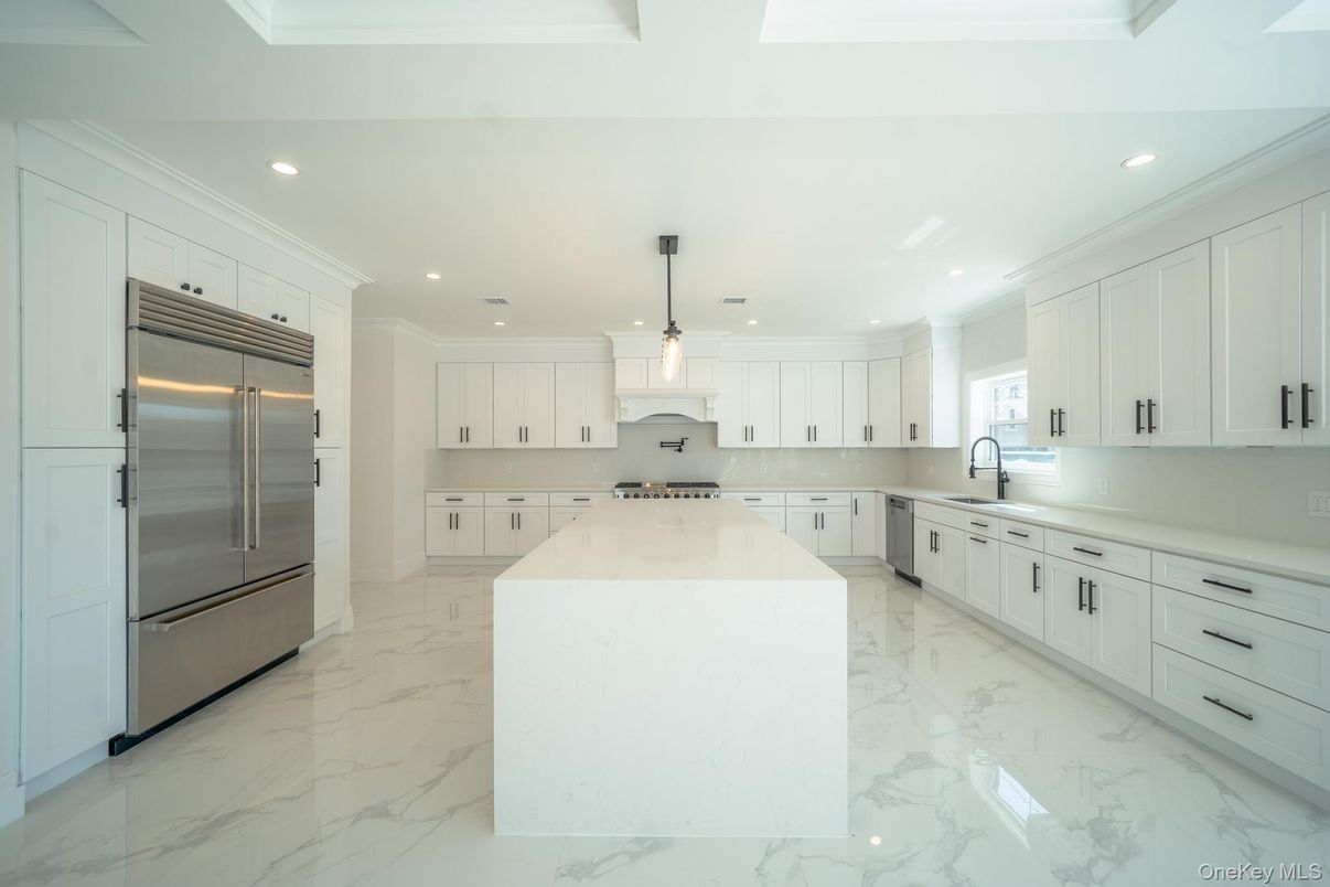 Interior, Kitchen, Marble, Pendant Lights, Recessed Lighting, Stainless Steel Appliances