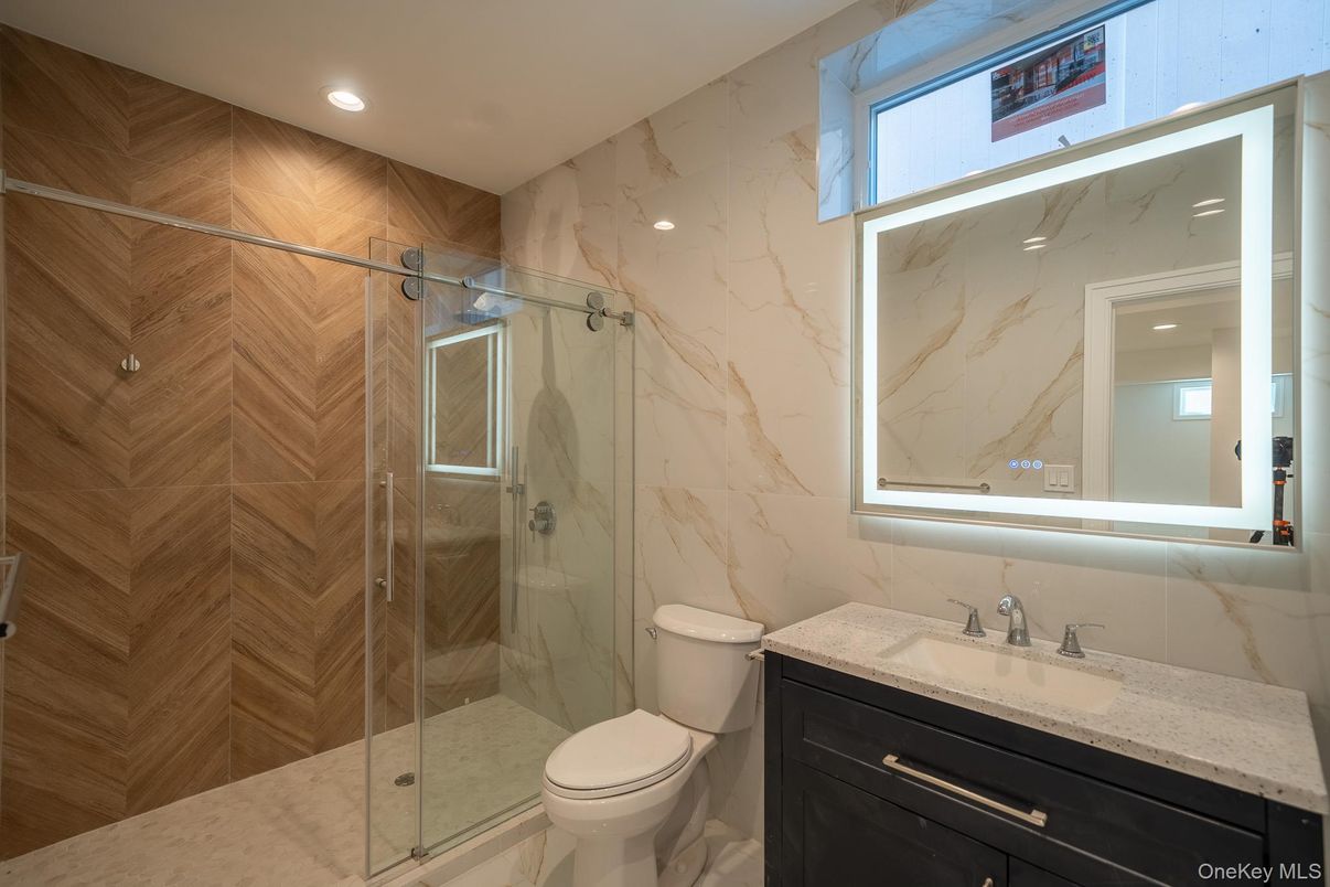 Bathroom, Glass Shower, Interior, Marble Walls, Recessed Lighting