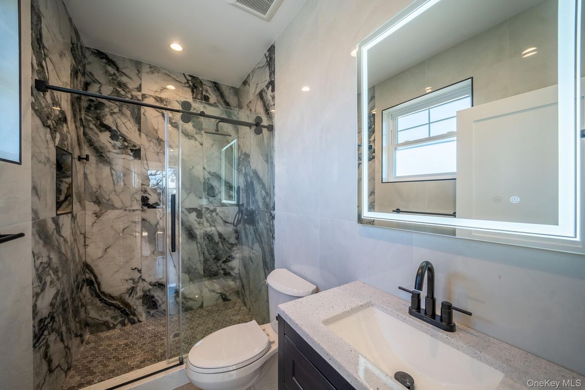 Bathroom, Glass Shower, Interior, Marble Walls, Recessed Lighting