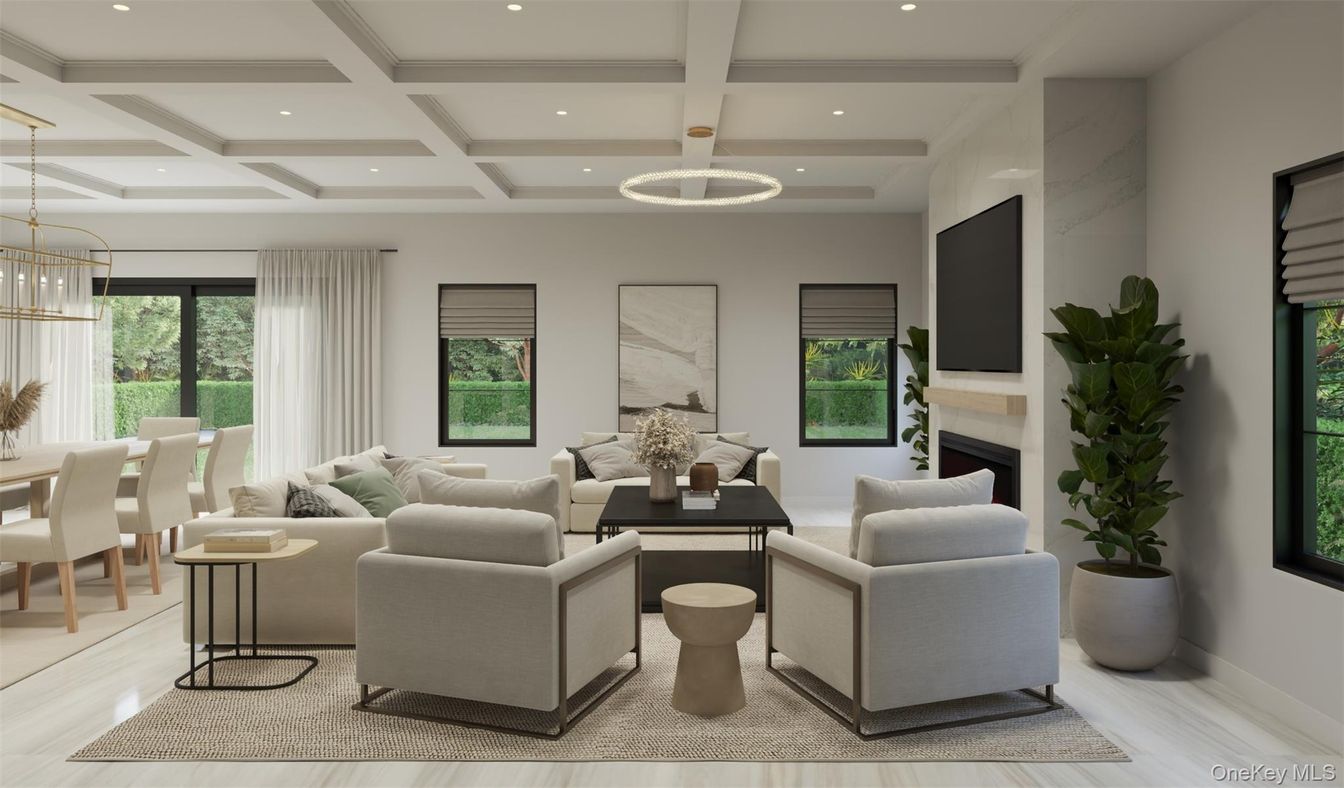 Dining room, Fireplace, Interior, Living room, Pendant Lights, Recessed Lighting, Wood Texture Flooring