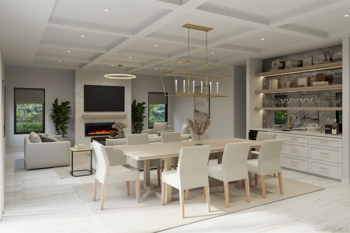 Dining room, Fireplace, Interior, Living room, Pendant Lights, Recessed Lighting, Wood Texture Flooring