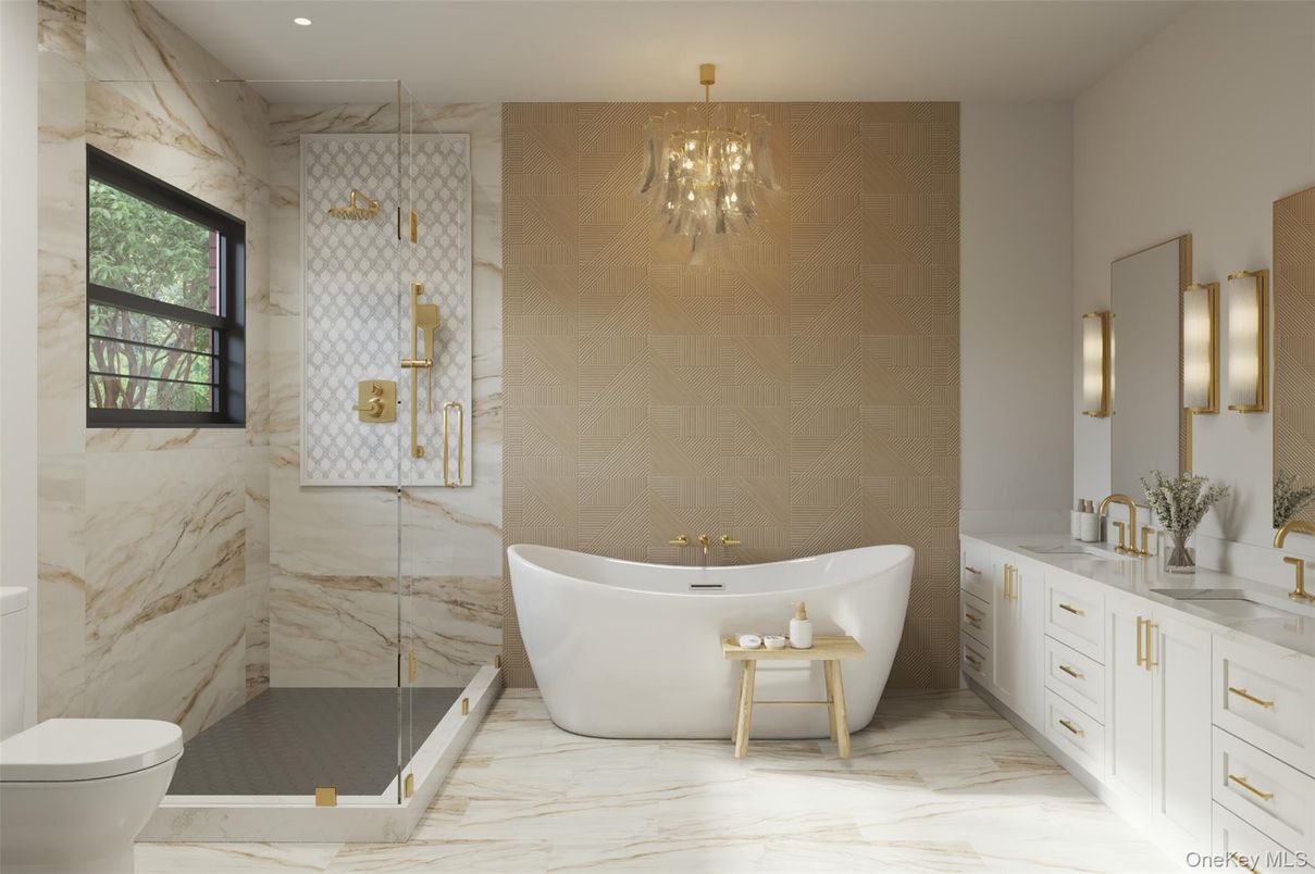 Bathroom, Chandelier, Free Standing Baths, Interior, Marble, Marble Walls, Recessed Lighting