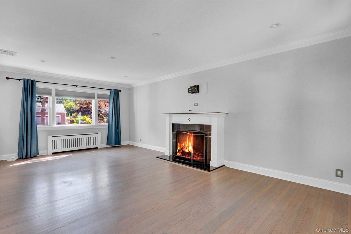 Empty room, Fireplace, Interior, Recessed Lighting, Wood Texture Flooring