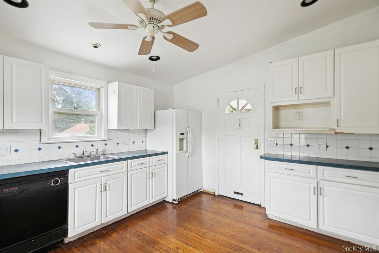 Interior, Kitchen, Tile Countertops, Wood Texture Flooring