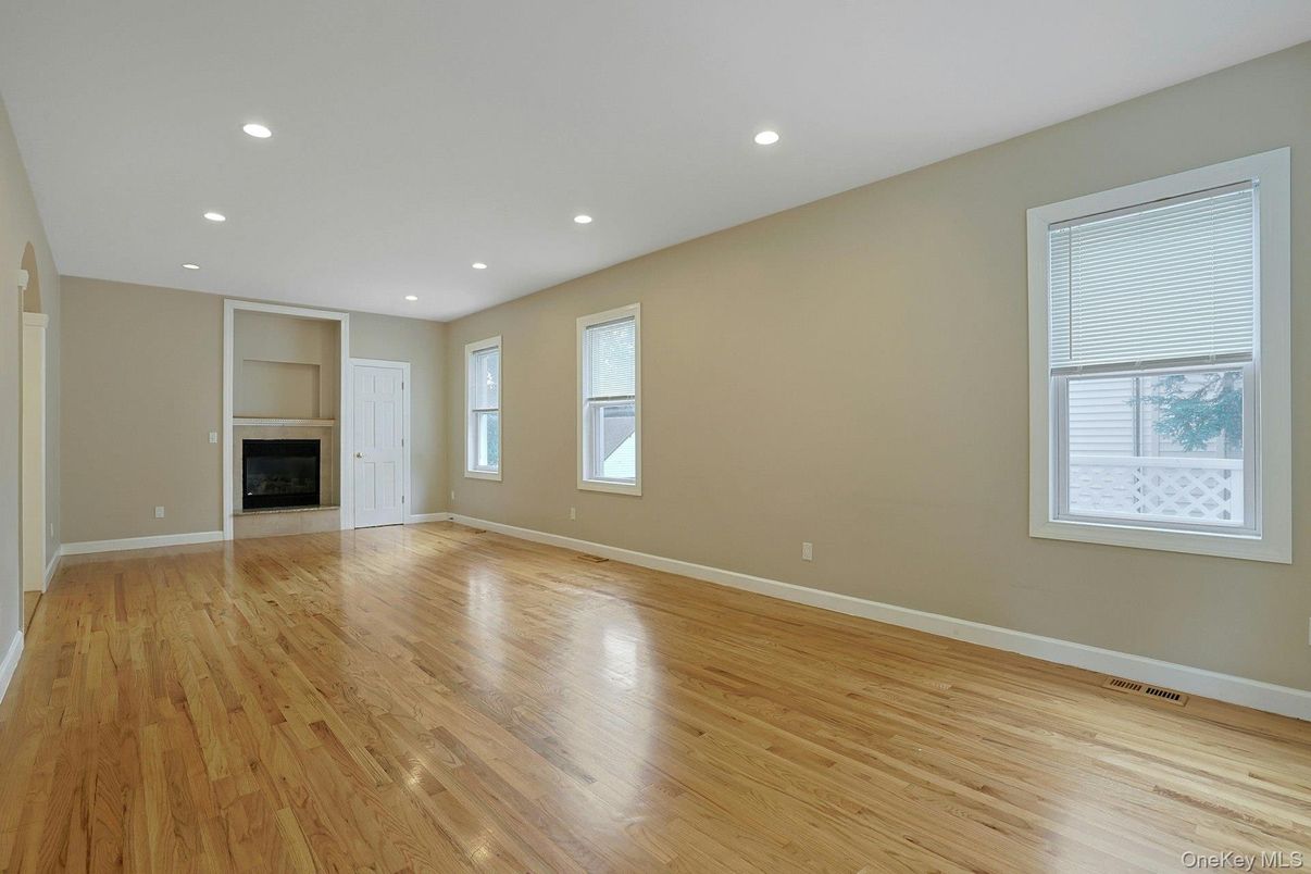 Empty room, Fireplace, Interior, Recessed Lighting, Wood Texture Flooring