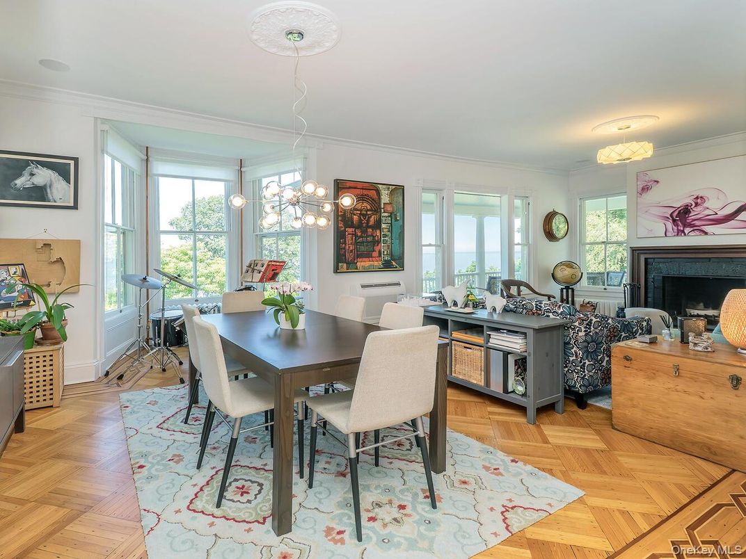 Dining room, Fireplace, Interior, Pendant Lights, Wood Texture Flooring