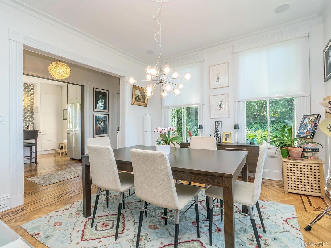 Dining room, Interior, Pendant Lights, Wood Texture Flooring