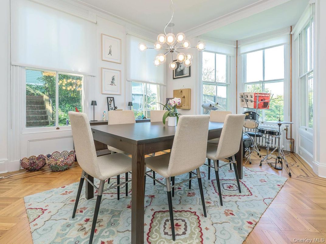 Dining room, Interior, Pendant Lights, Wood Texture Flooring