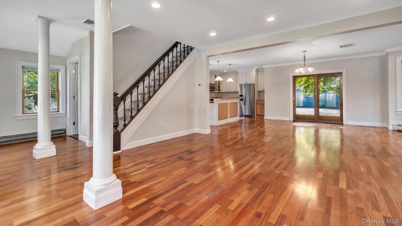 Chandelier, Empty room, Interior, Kitchen, Pendant Lights, Recessed Lighting, Wood Texture Flooring