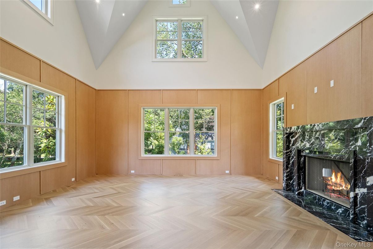 Fireplace, Interior, Recessed Lighting, Wood Texture Flooring, Wooden Walls