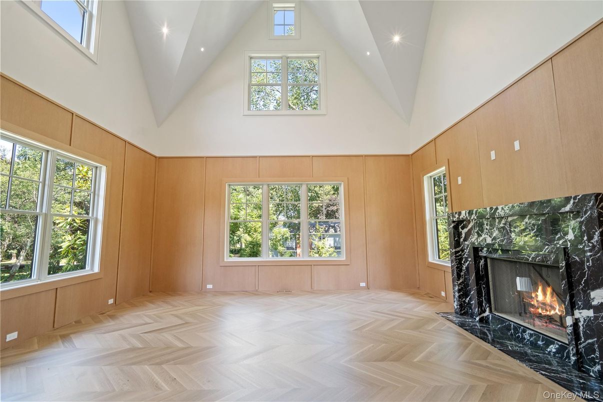Fireplace, Interior, Recessed Lighting, Wood Texture Flooring, Wooden Walls