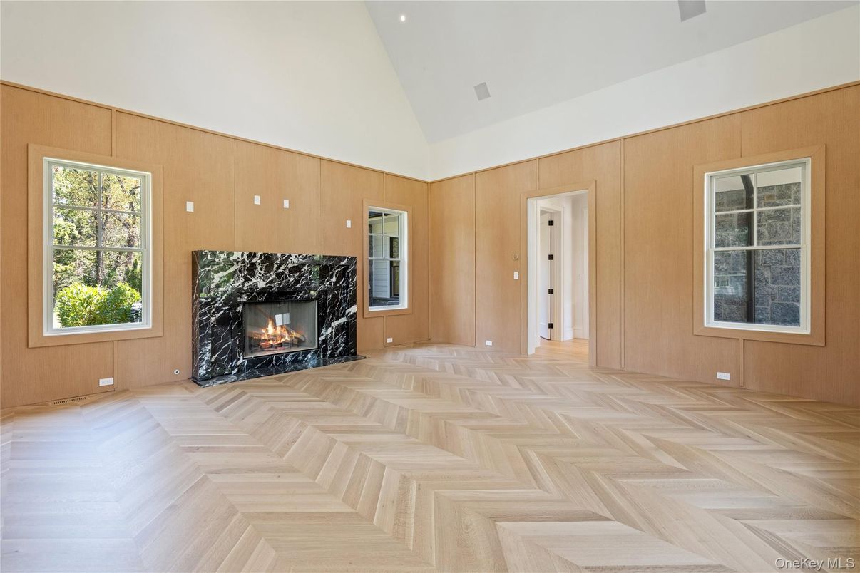 Empty room, Fireplace, Interior, Recessed Lighting, Wood Texture Flooring, Wooden Walls
