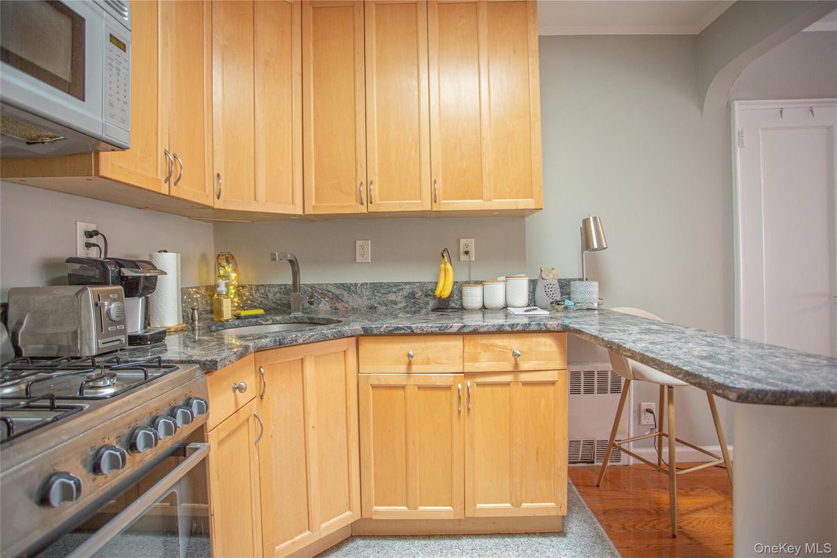 Interior, Kitchen, Tile Countertops, Wood Texture Flooring