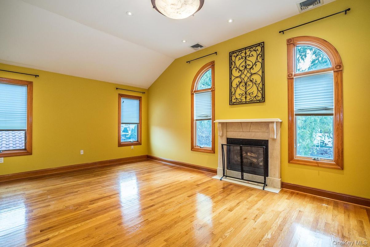 Empty room, Fireplace, Interior, Recessed Lighting, Wood Texture Flooring