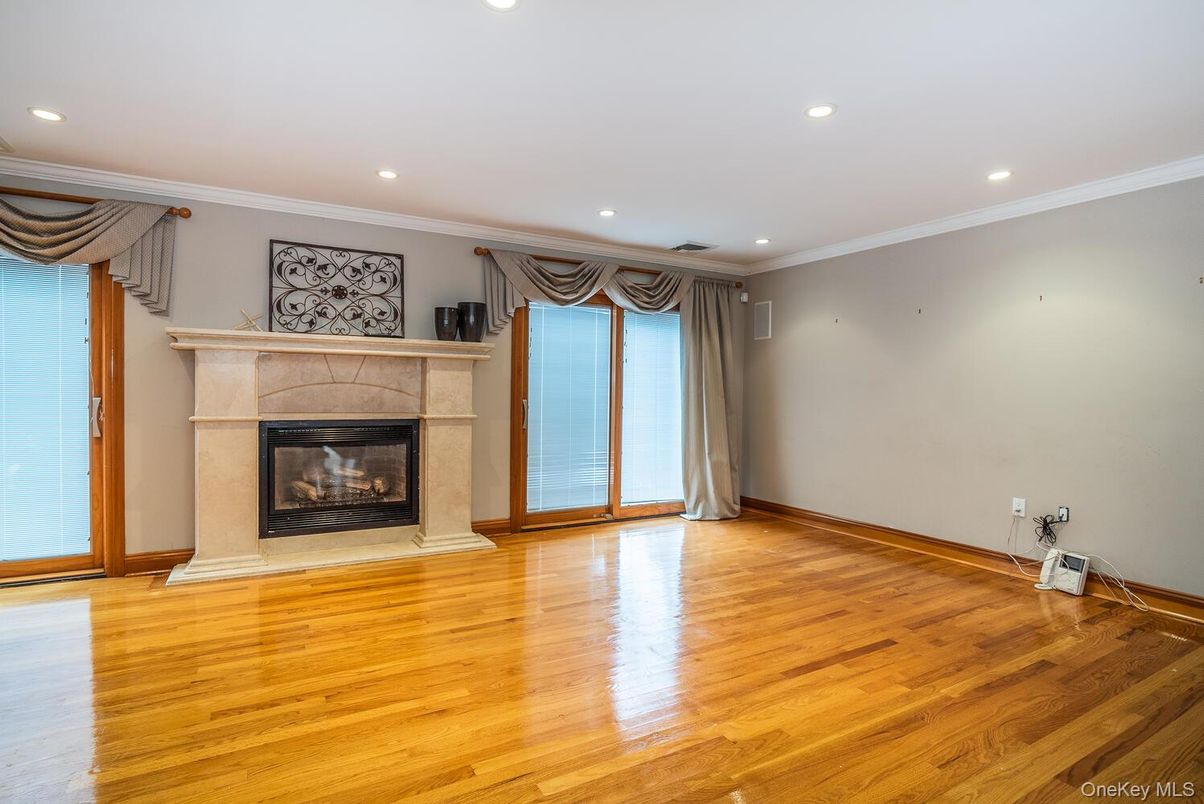 Empty room, Fireplace, Interior, Recessed Lighting, Wood Texture Flooring