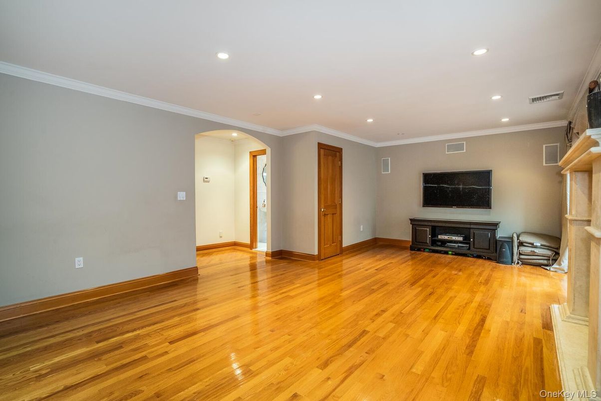 Empty room, Fireplace, Interior, Recessed Lighting, Wood Texture Flooring