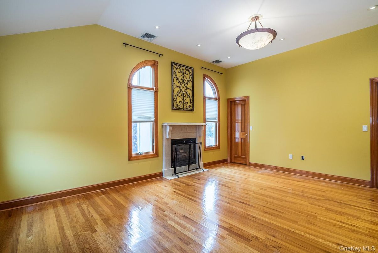 Empty room, Fireplace, Interior, Recessed Lighting, Wood Texture Flooring