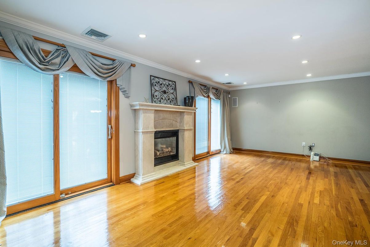 Empty room, Fireplace, Interior, Recessed Lighting, Wood Texture Flooring