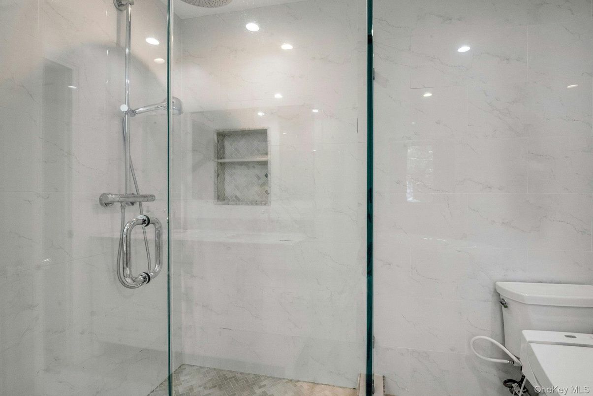 Bathroom, Glass Shower, Interior, Marble Walls, Recessed Lighting