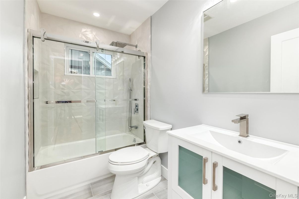 Bathroom, Glass Shower, Interior, Recessed Lighting, Wood Texture Flooring