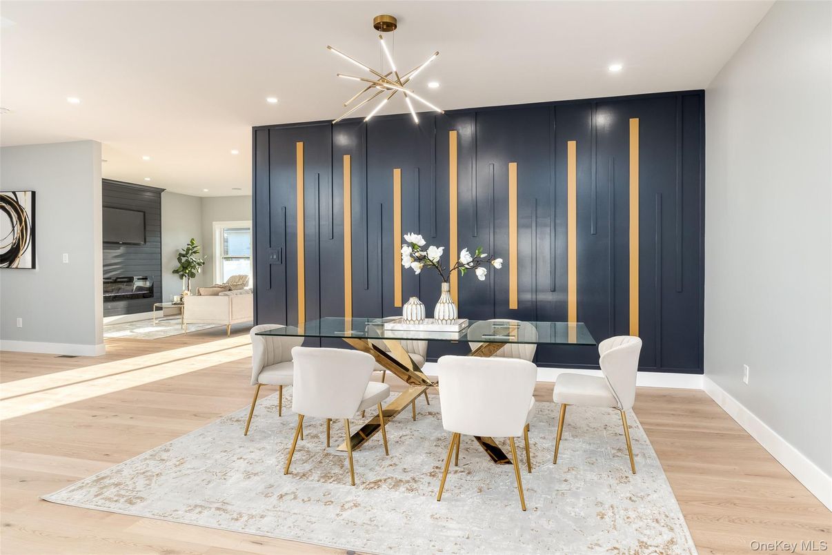 Dining room, Interior, Pendant Lights, Recessed Lighting, Wood Texture Flooring