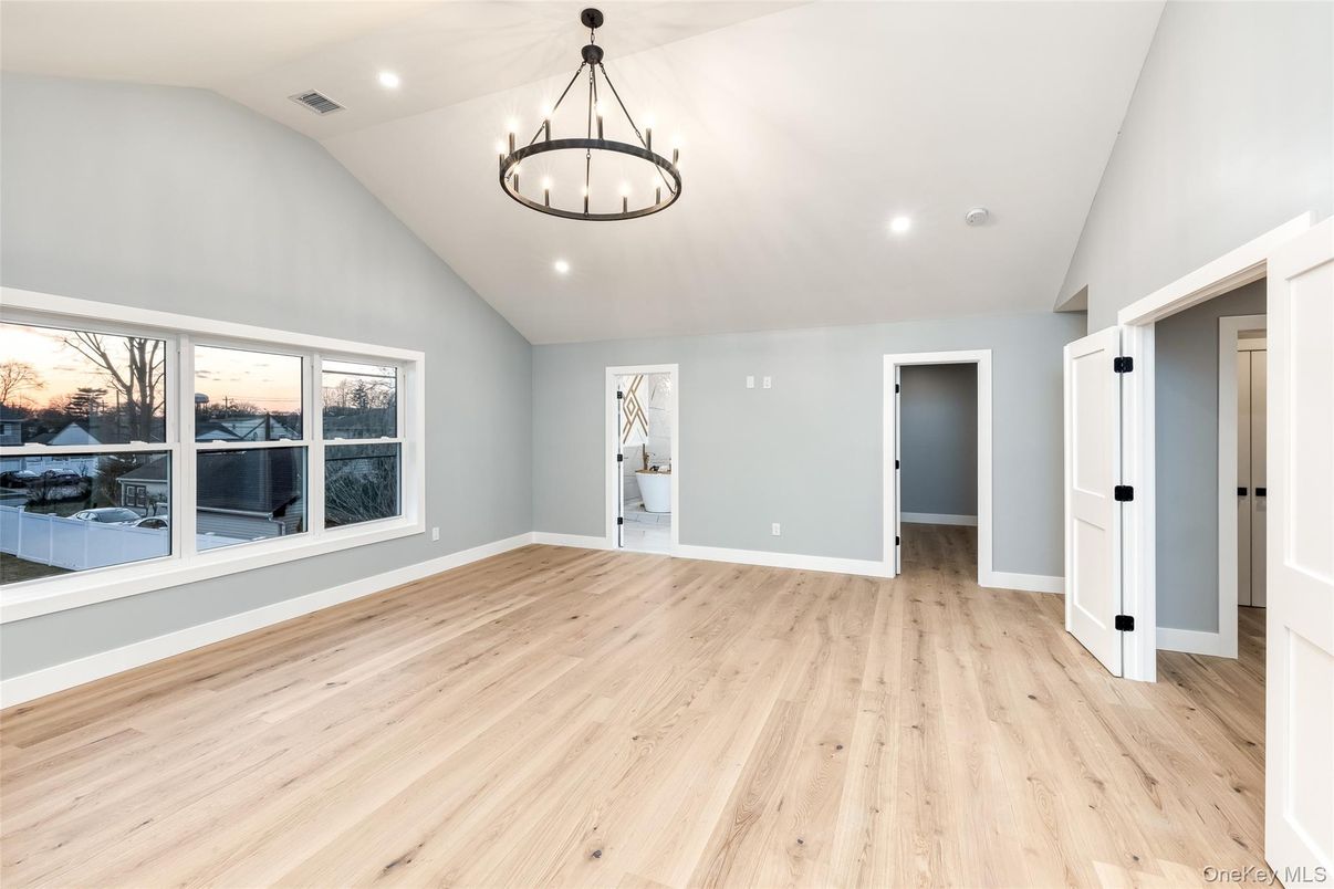 Chandelier, Empty room, Interior, Pendant Lights, Recessed Lighting, Wood Texture Flooring