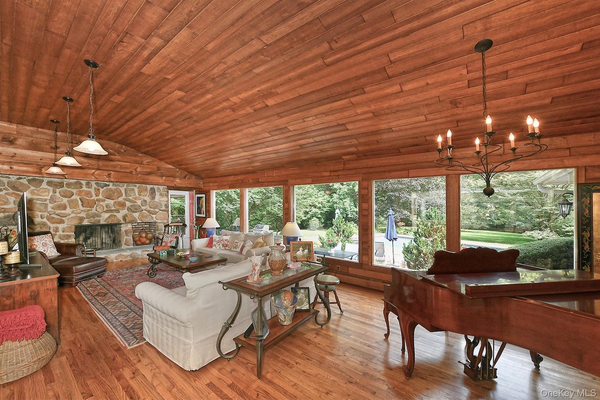Chandelier, Fireplace, Interior, Living room, Pendant Lights, Piano, Stone Walls, Wooden Ceilings, Wood Texture Flooring