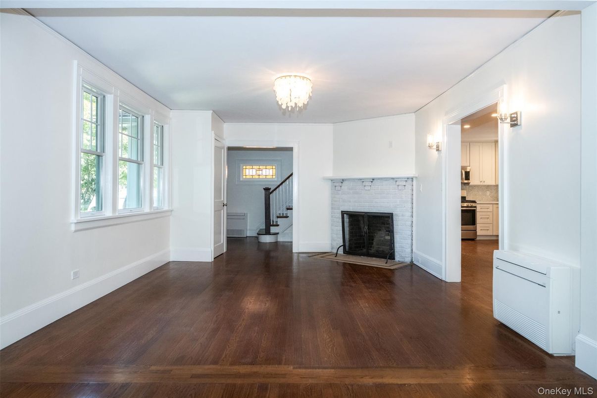 Chandelier, Empty room, Fireplace, Interior, Wood Texture Flooring
