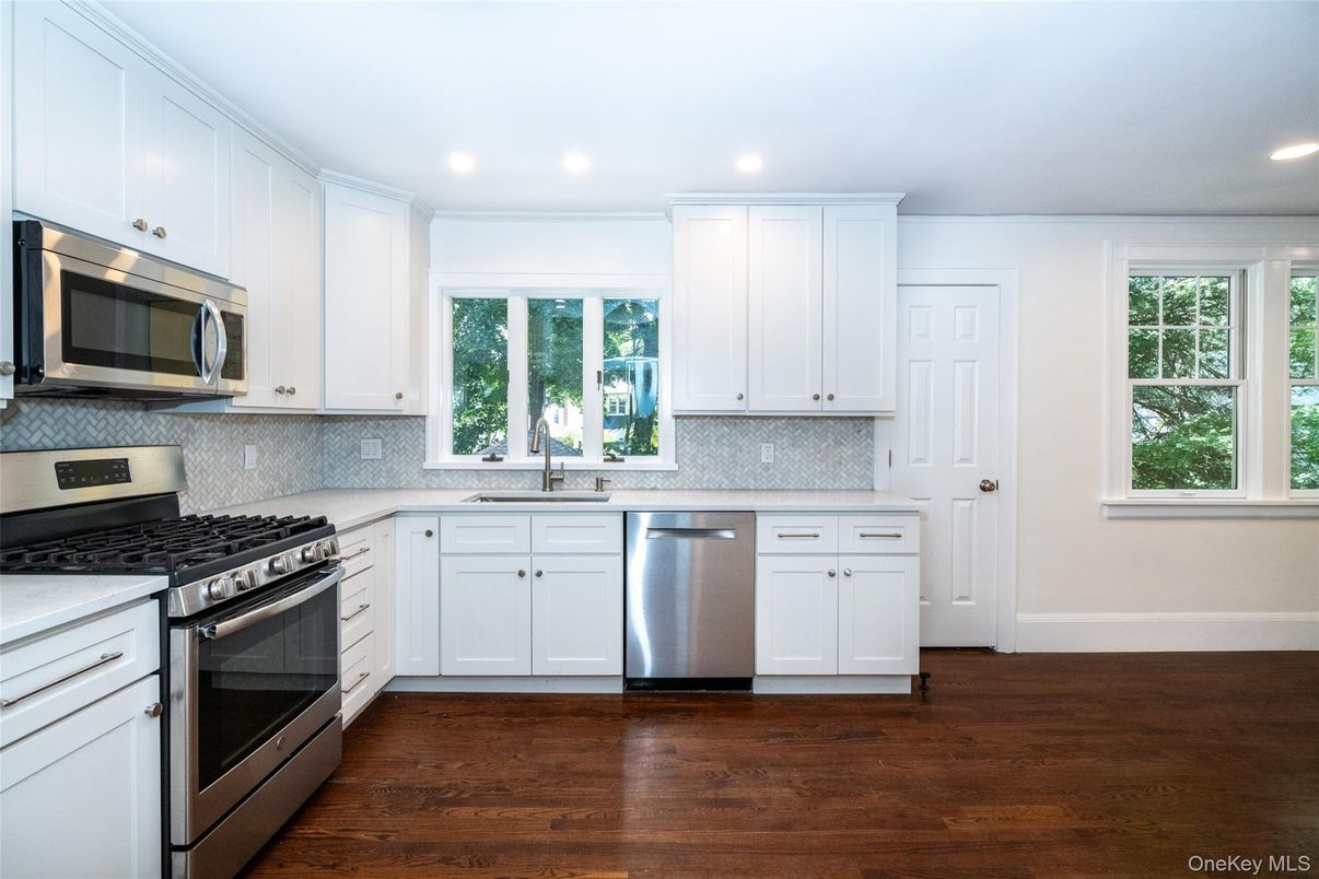 Interior, Kitchen, Recessed Lighting, Stainless Steel Appliances, Wood Texture Flooring