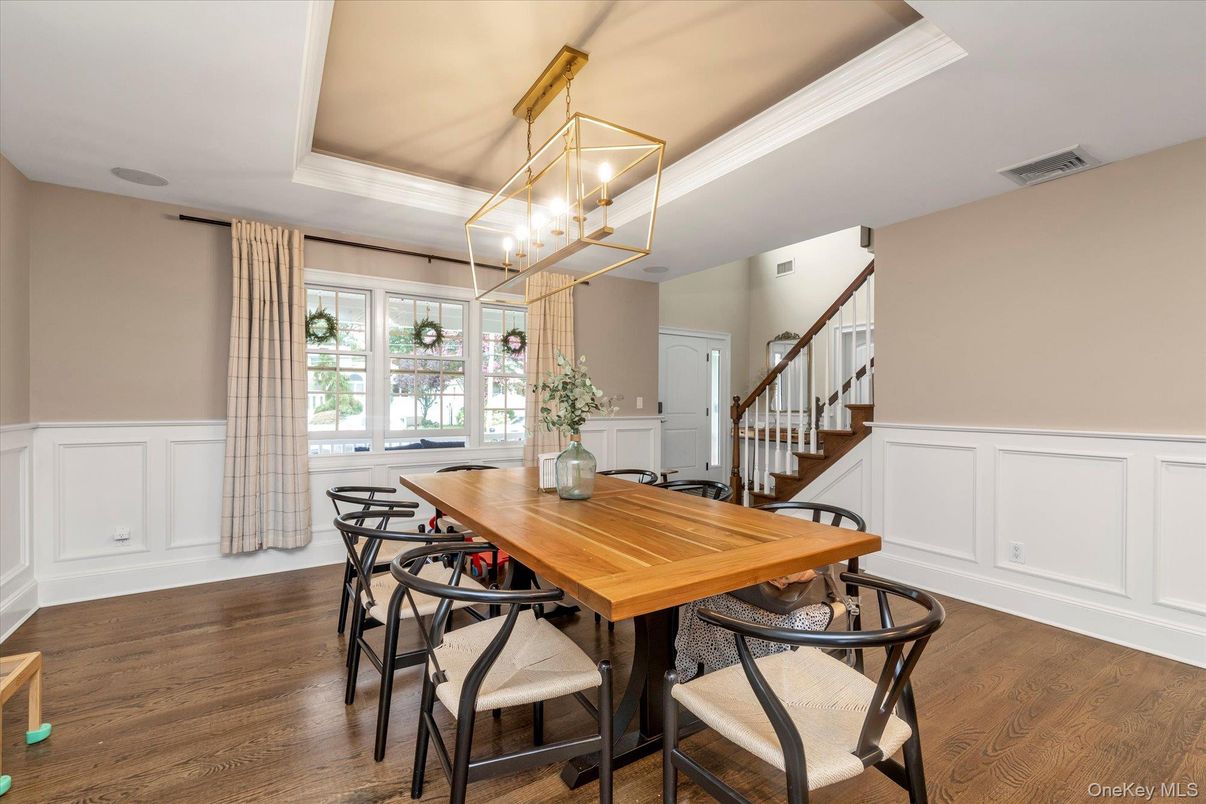 Dining room, Interior, Pendant Lights, Wood Texture Flooring