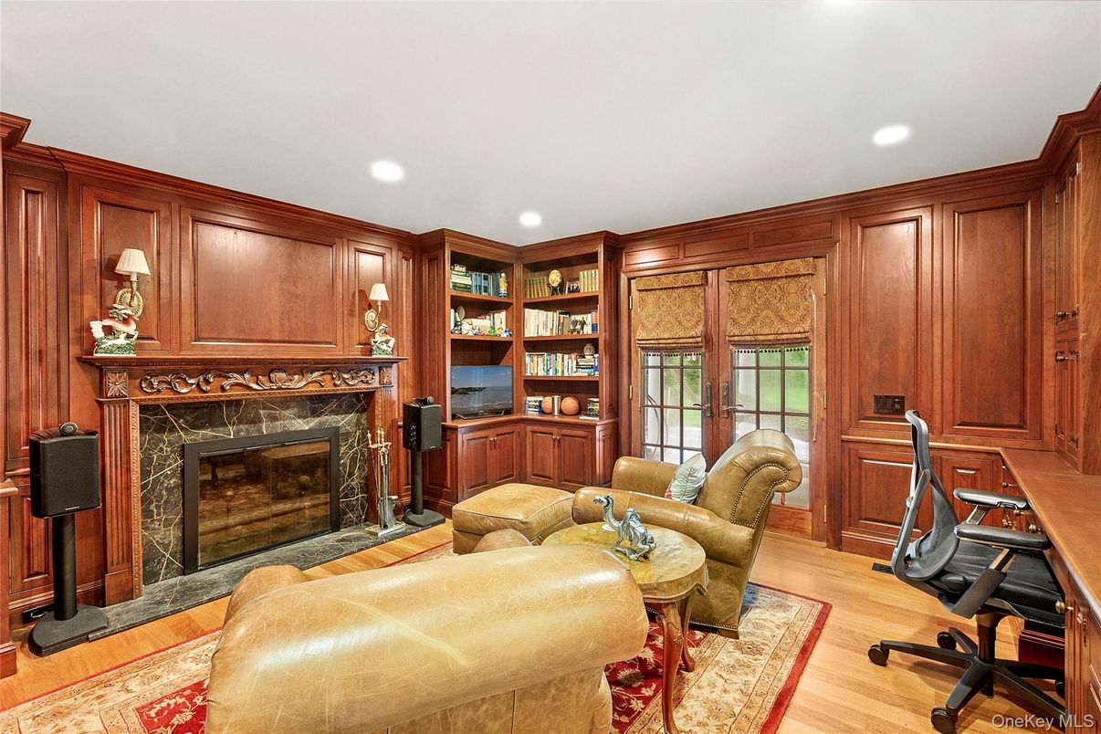 Fireplace, Home Office, Interior, Living room, Recessed Lighting, Wood Texture Flooring, Wooden Walls
