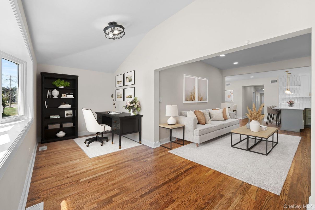 Home Office, Interior, Living room, Pendant Lights, Recessed Lighting, Wood Texture Flooring