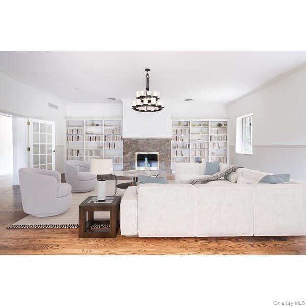 Fireplace, Interior, Living room, Pendant Lights, Wood Texture Flooring