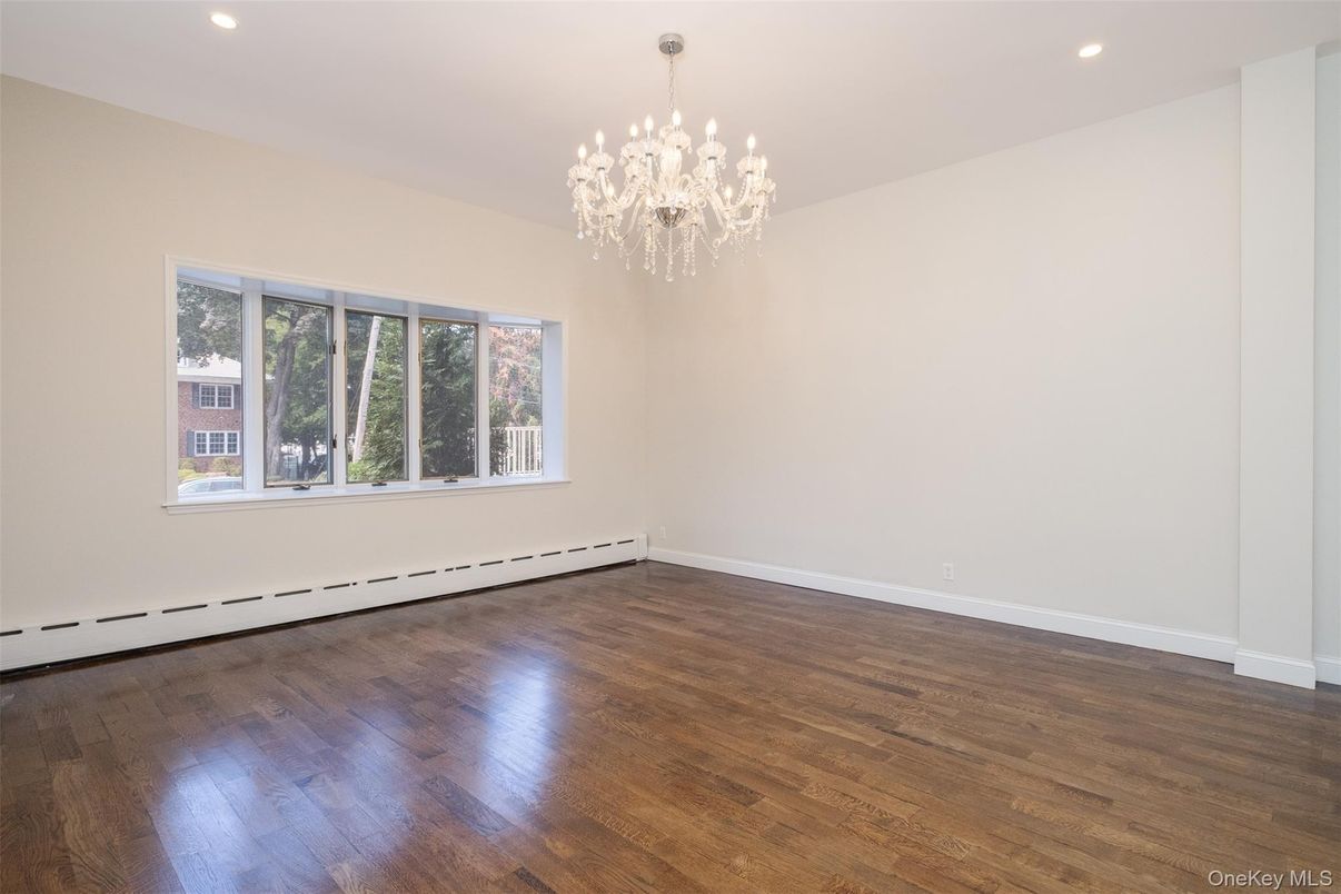 Chandelier, Empty room, Interior, Recessed Lighting, Wood Texture Flooring