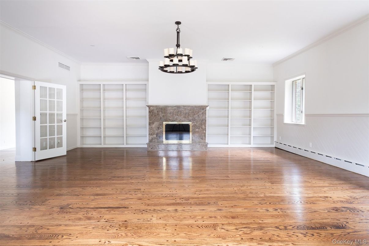 Empty room, Fireplace, Interior, Pendant Lights, Wood Texture Flooring