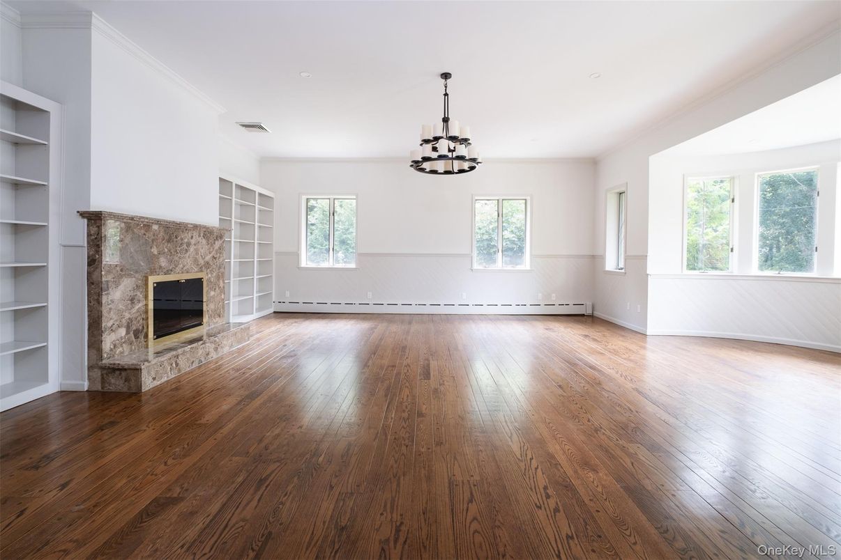 Empty room, Fireplace, Interior, Pendant Lights, Wood Texture Flooring