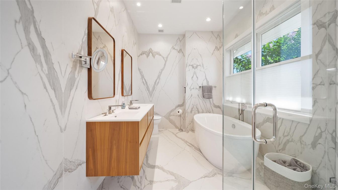 Bathroom, Dual Sink Vanities, Free Standing Baths, Interior, Marble, Marble Walls, Recessed Lighting