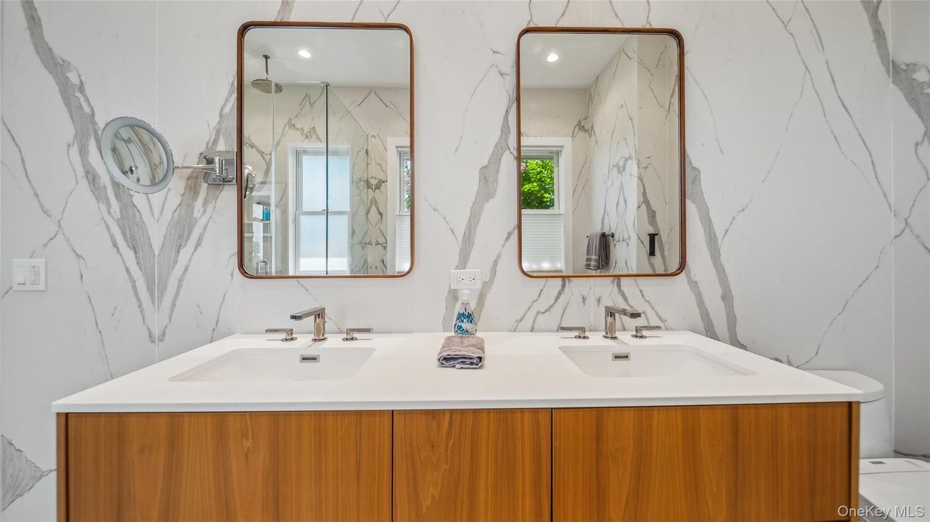 Bathroom, Dual Sink Vanities, Interior, Marble Walls, Recessed Lighting